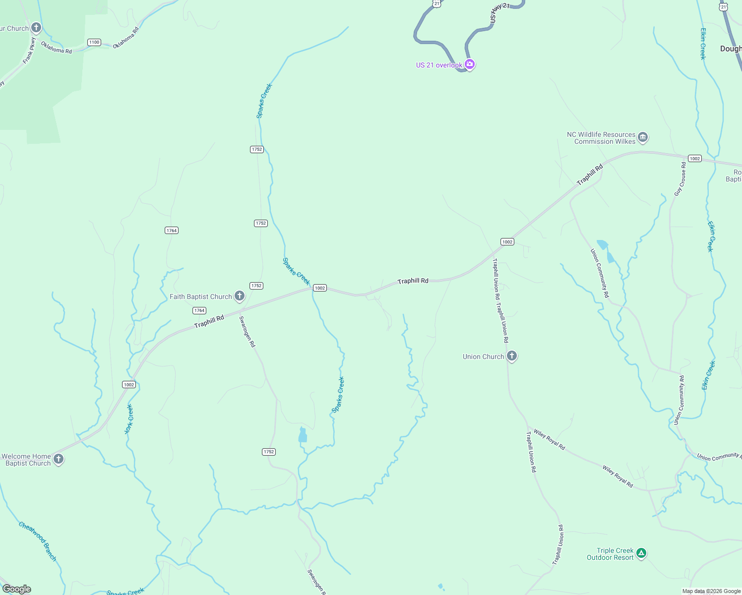 map of restaurants, bars, coffee shops, grocery stores, and more near 12544 Traphill Road in Traphill