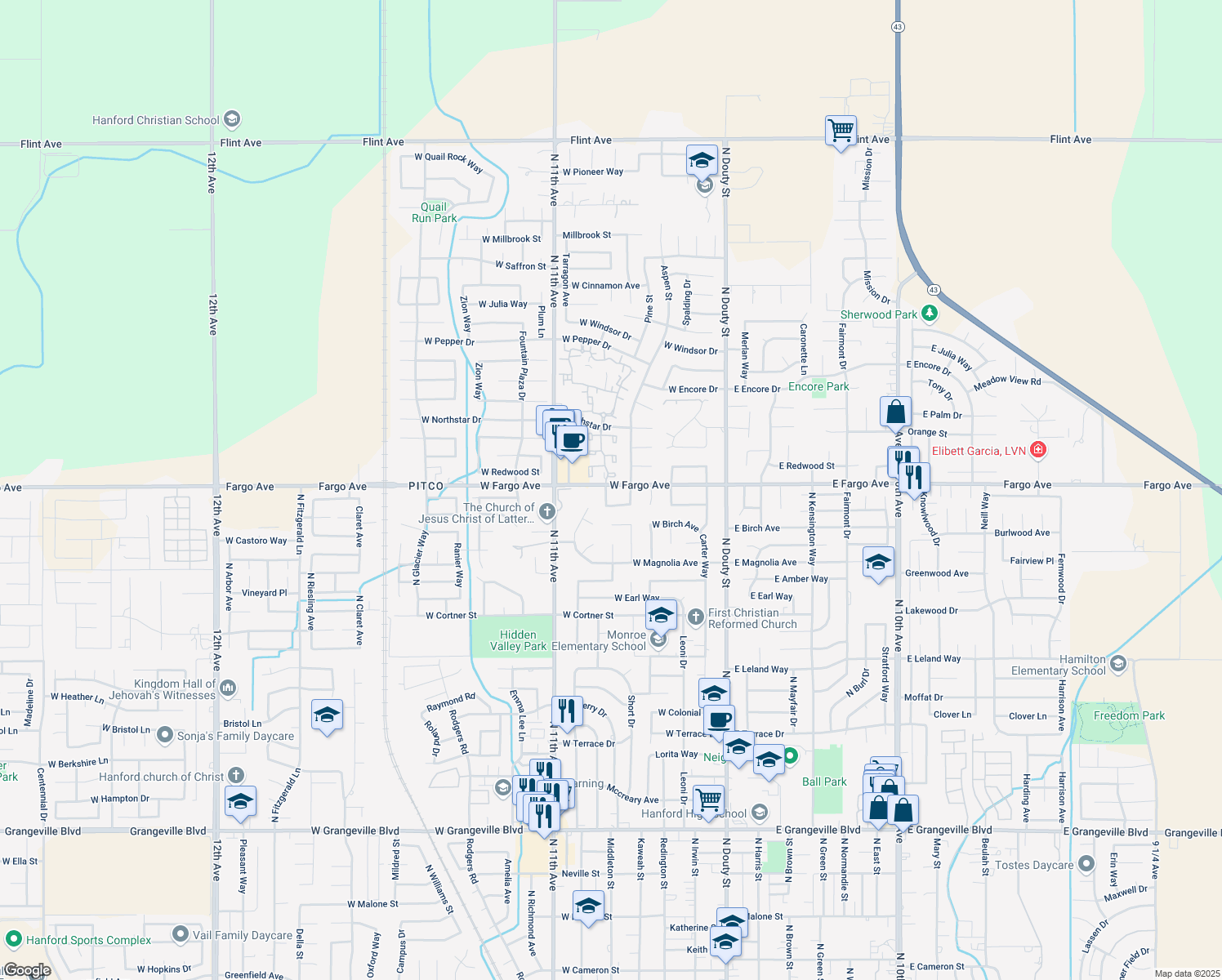map of restaurants, bars, coffee shops, grocery stores, and more near 2497 Fir Lane in Hanford