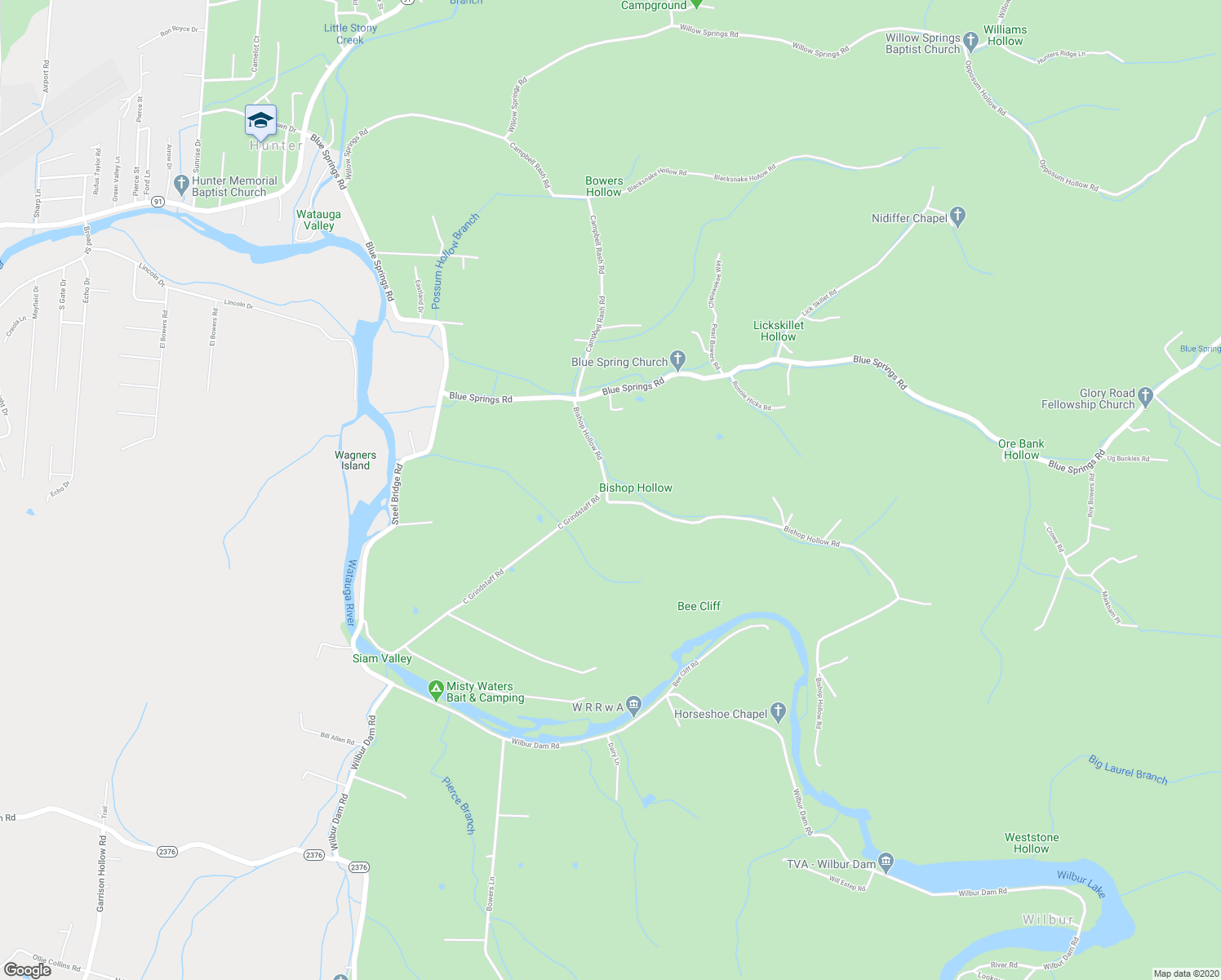 map of restaurants, bars, coffee shops, grocery stores, and more near 161 Bishop Hollow Road in Elizabethton