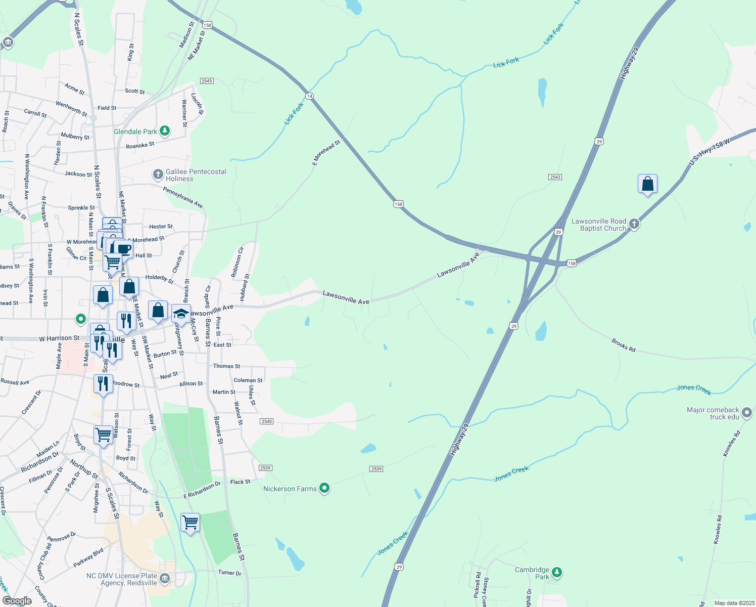 map of restaurants, bars, coffee shops, grocery stores, and more near 927 Lawsonville Avenue in Reidsville