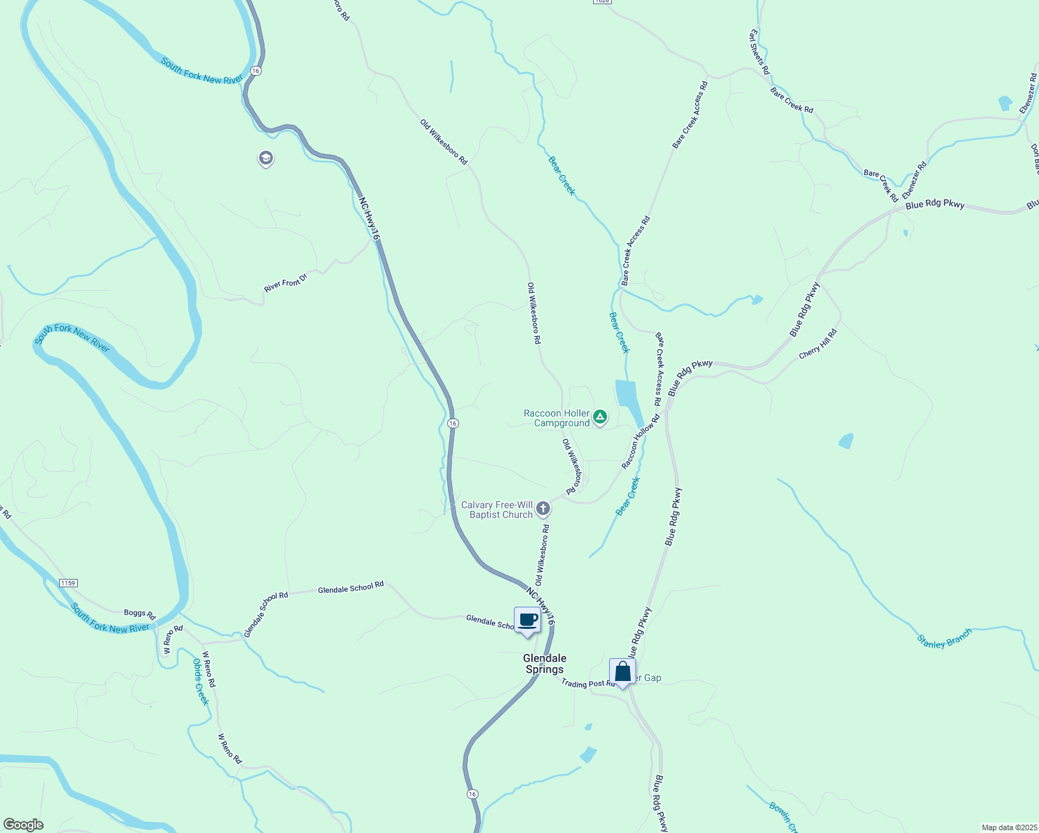 map of restaurants, bars, coffee shops, grocery stores, and more near Sandy Flats Drive in Ashe County
