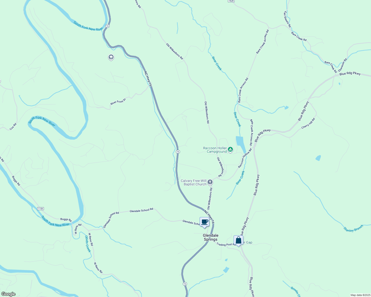 map of restaurants, bars, coffee shops, grocery stores, and more near B J Drive in Ashe County