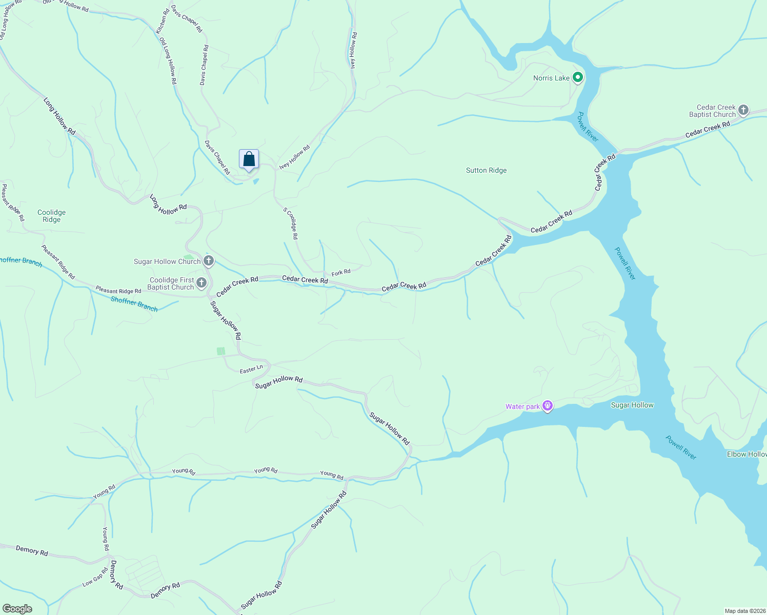 map of restaurants, bars, coffee shops, grocery stores, and more near 2906 Cedar Creek Road in LaFollette