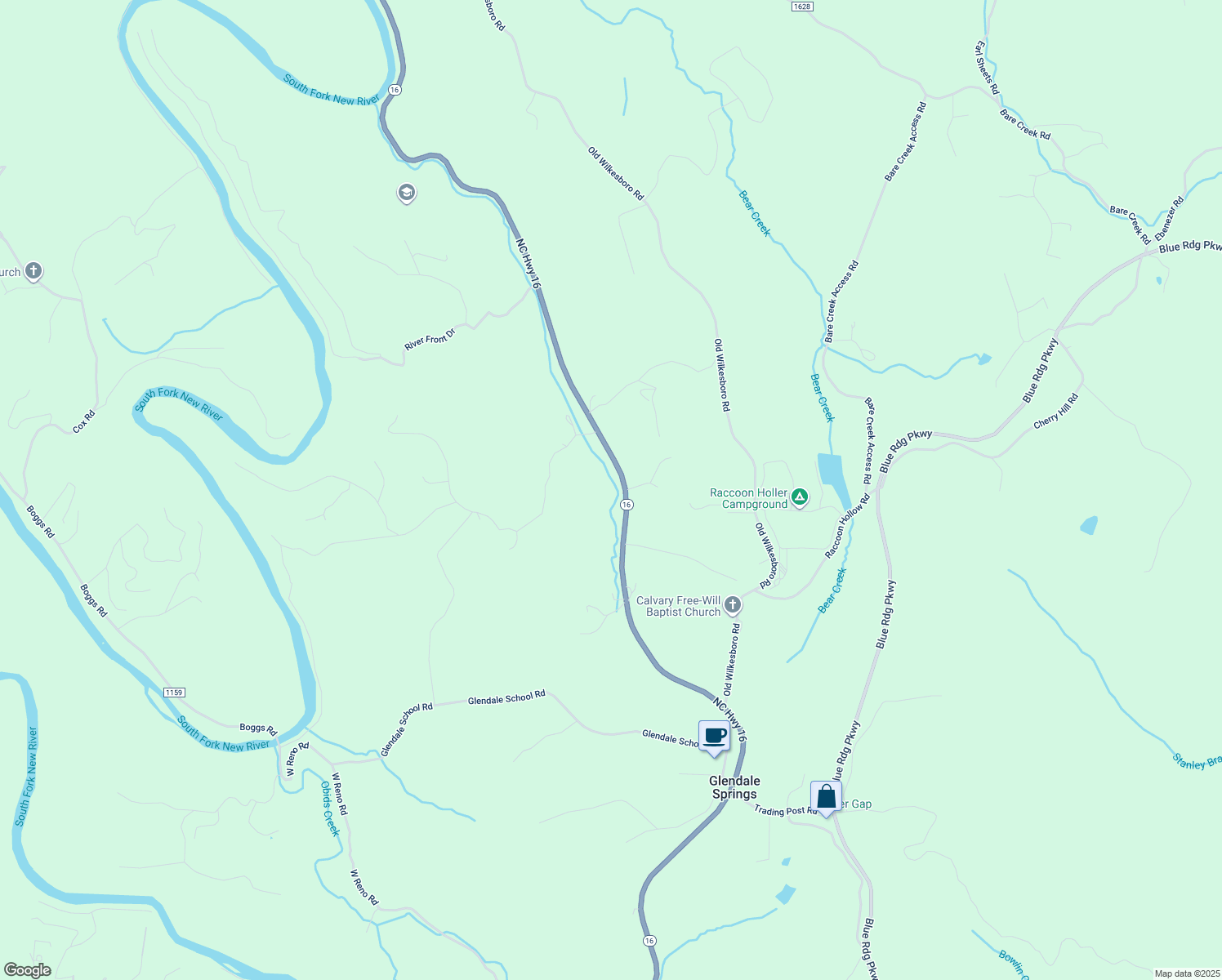 map of restaurants, bars, coffee shops, grocery stores, and more near 6368 North Carolina 16 in Jefferson