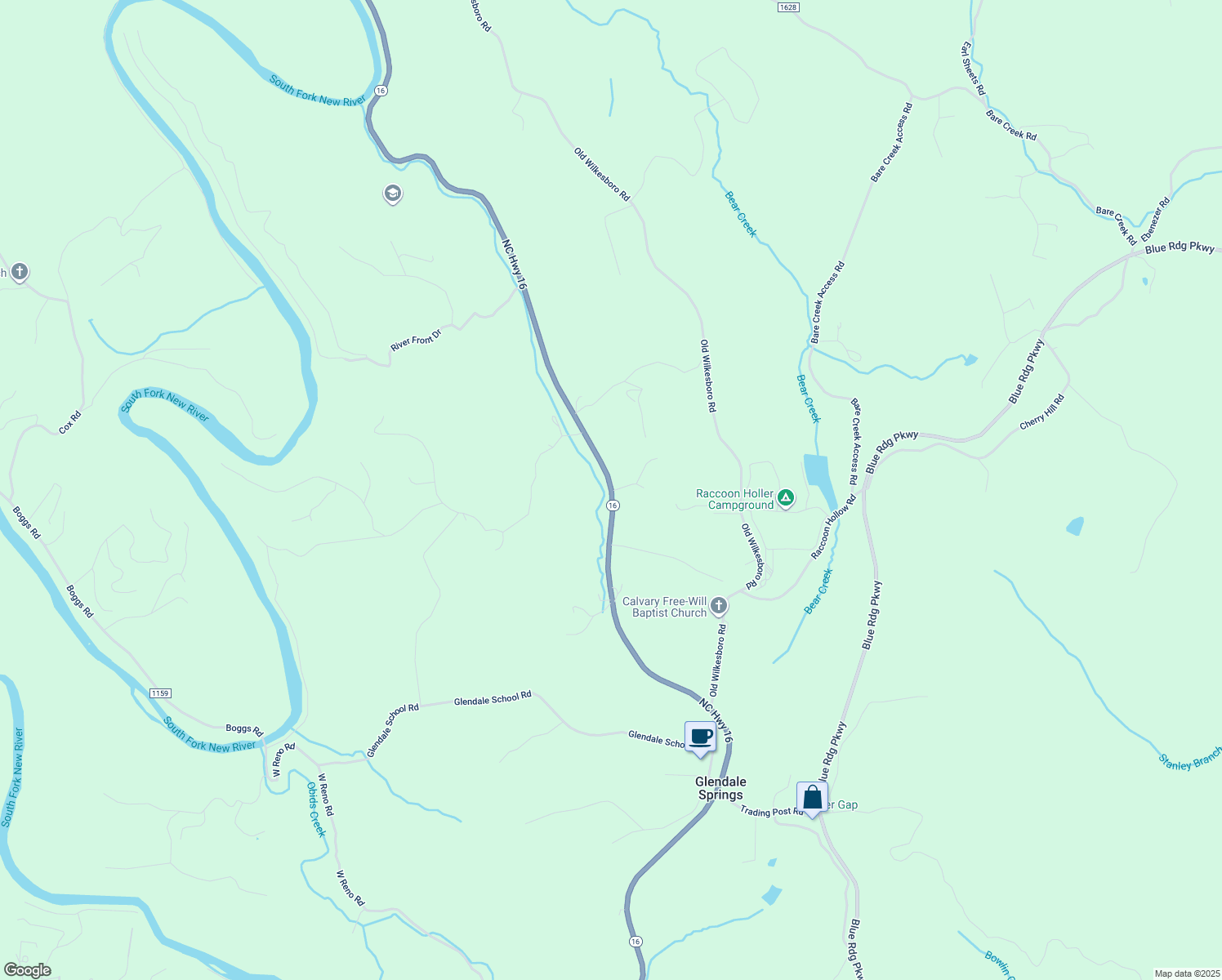 map of restaurants, bars, coffee shops, grocery stores, and more near 6368 North Carolina 16 in Jefferson