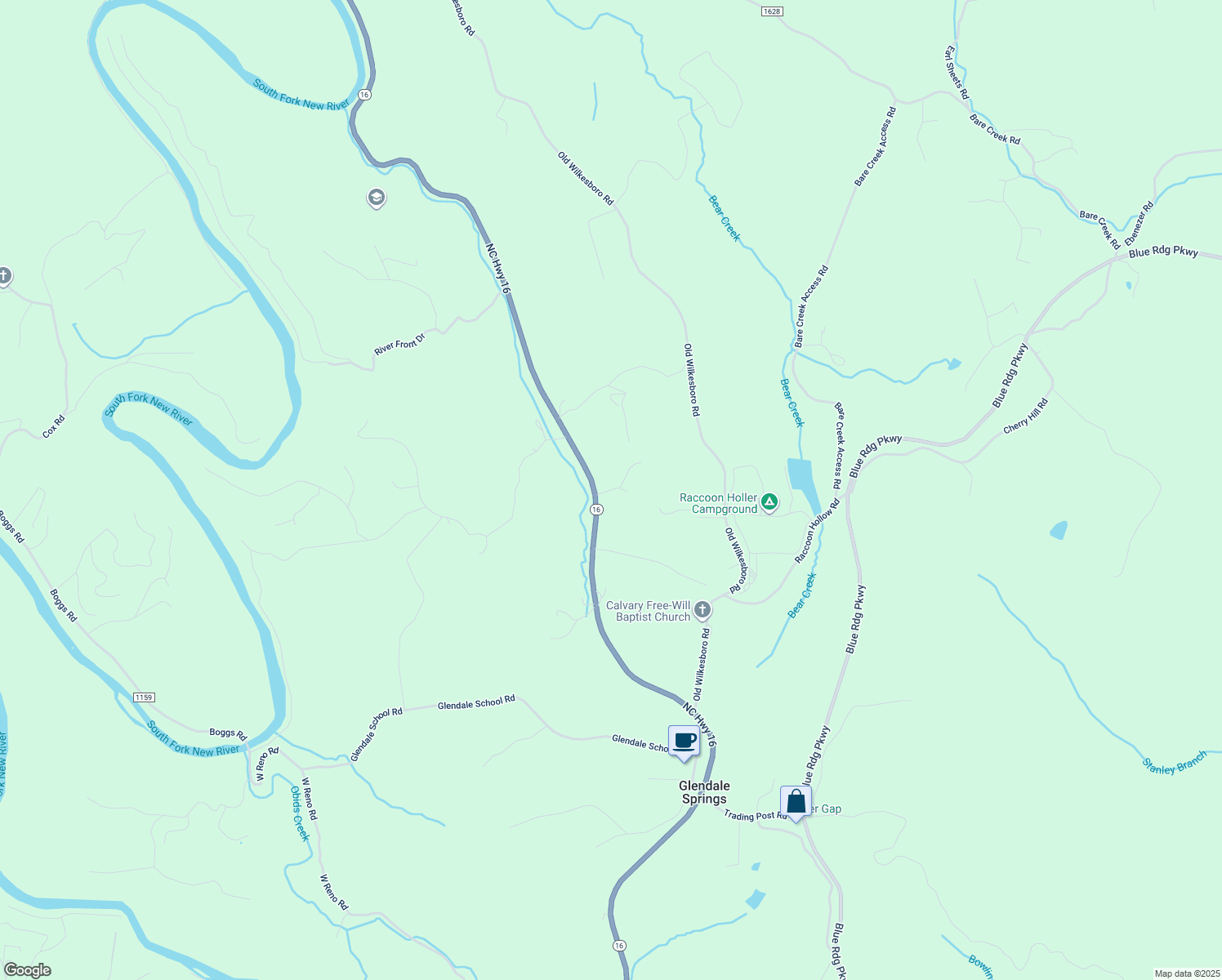 map of restaurants, bars, coffee shops, grocery stores, and more near B J Drive in Ashe County