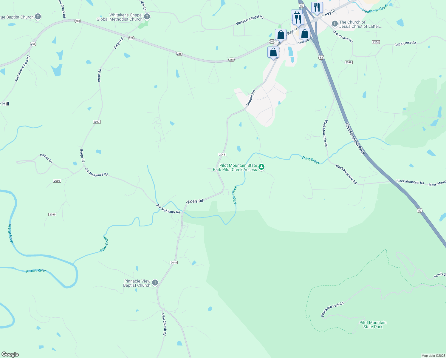 map of restaurants, bars, coffee shops, grocery stores, and more near 769 Shoals Road in Pinnacle