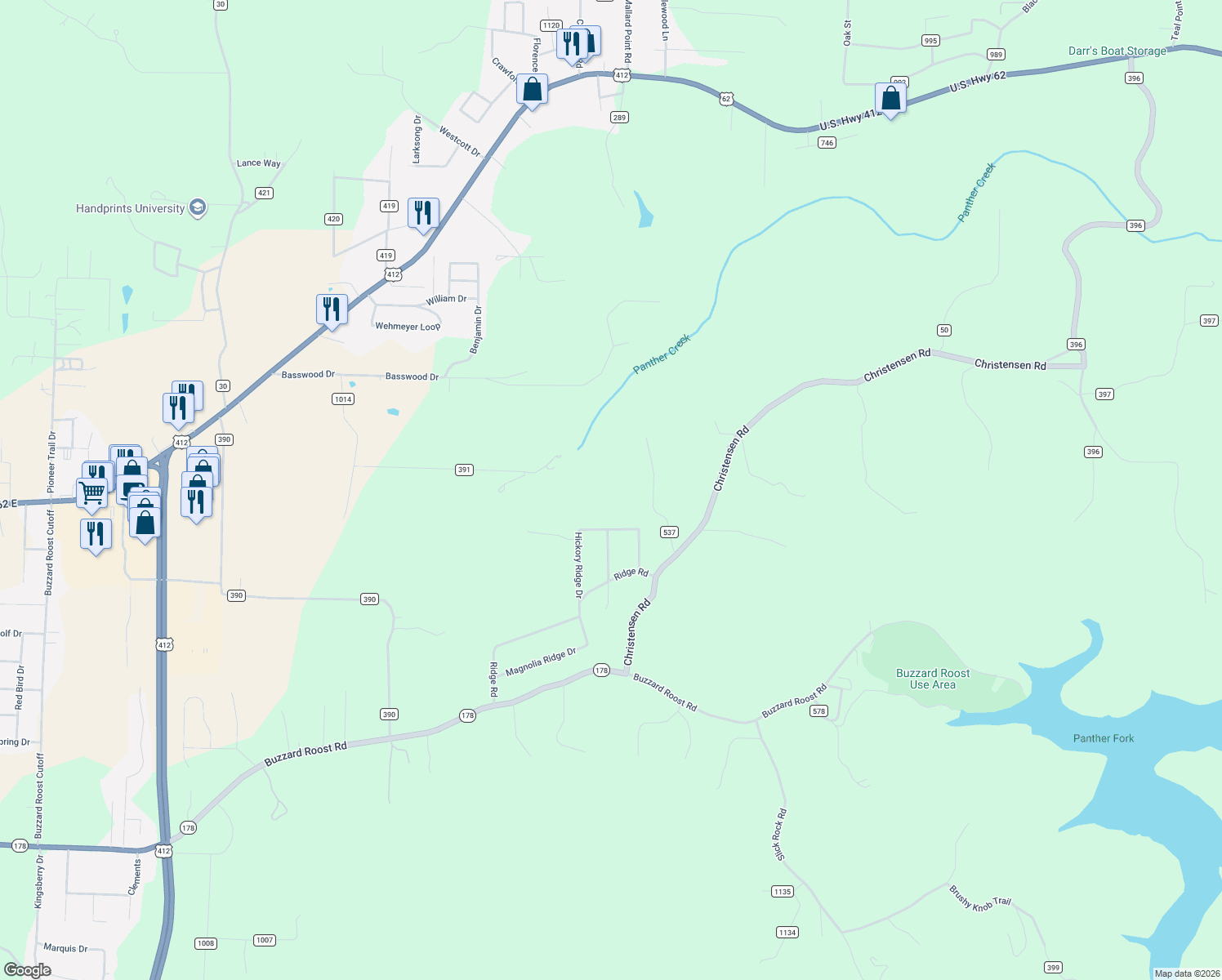 map of restaurants, bars, coffee shops, grocery stores, and more near 52 Pine Cone Drive in Mountain Home