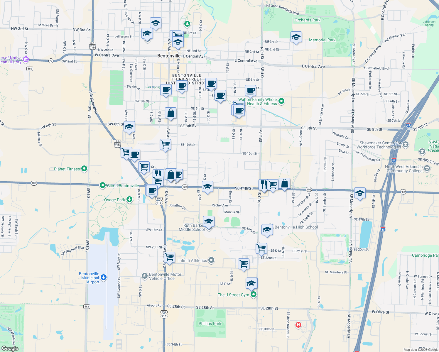 map of restaurants, bars, coffee shops, grocery stores, and more near 601-611 Royal Ln in Bentonville