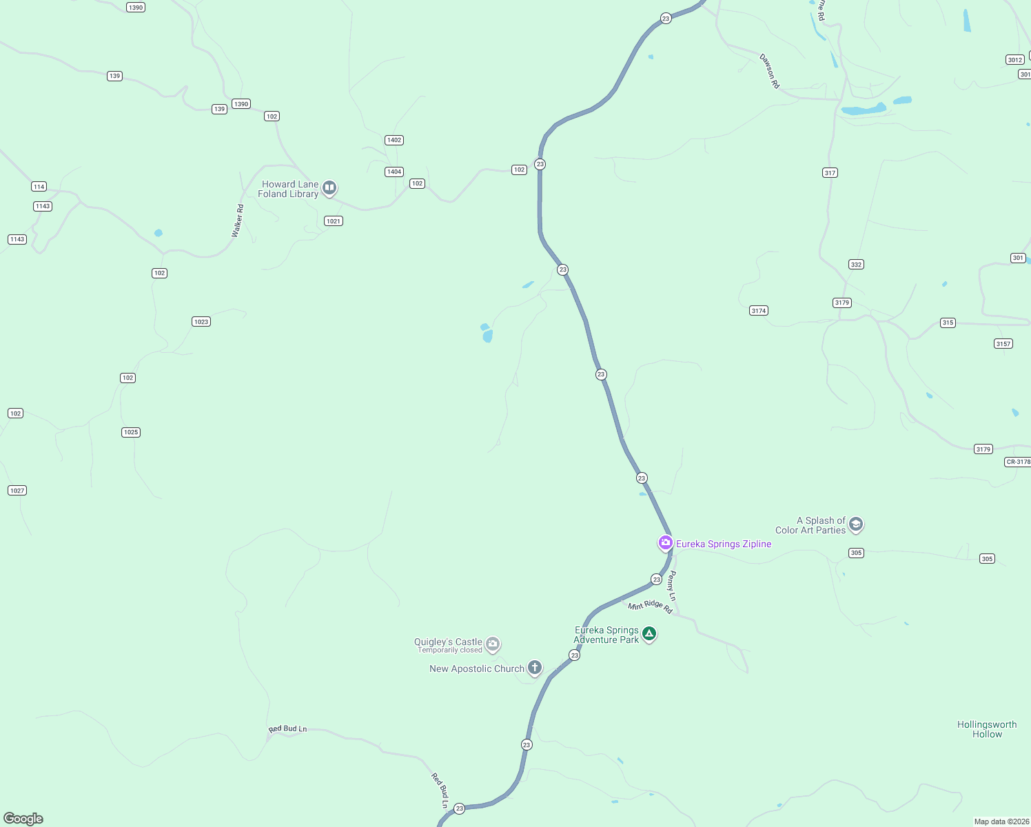 map of restaurants, bars, coffee shops, grocery stores, and more near 457 Cardinal Ridge Road in Eureka Springs