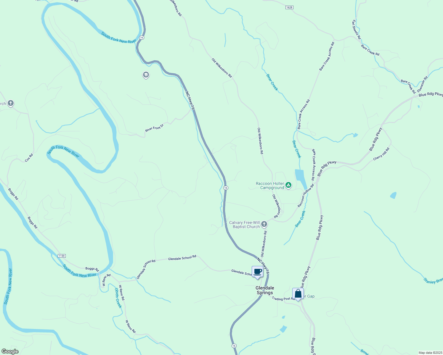 map of restaurants, bars, coffee shops, grocery stores, and more near 6316 North Carolina 16 in Jefferson