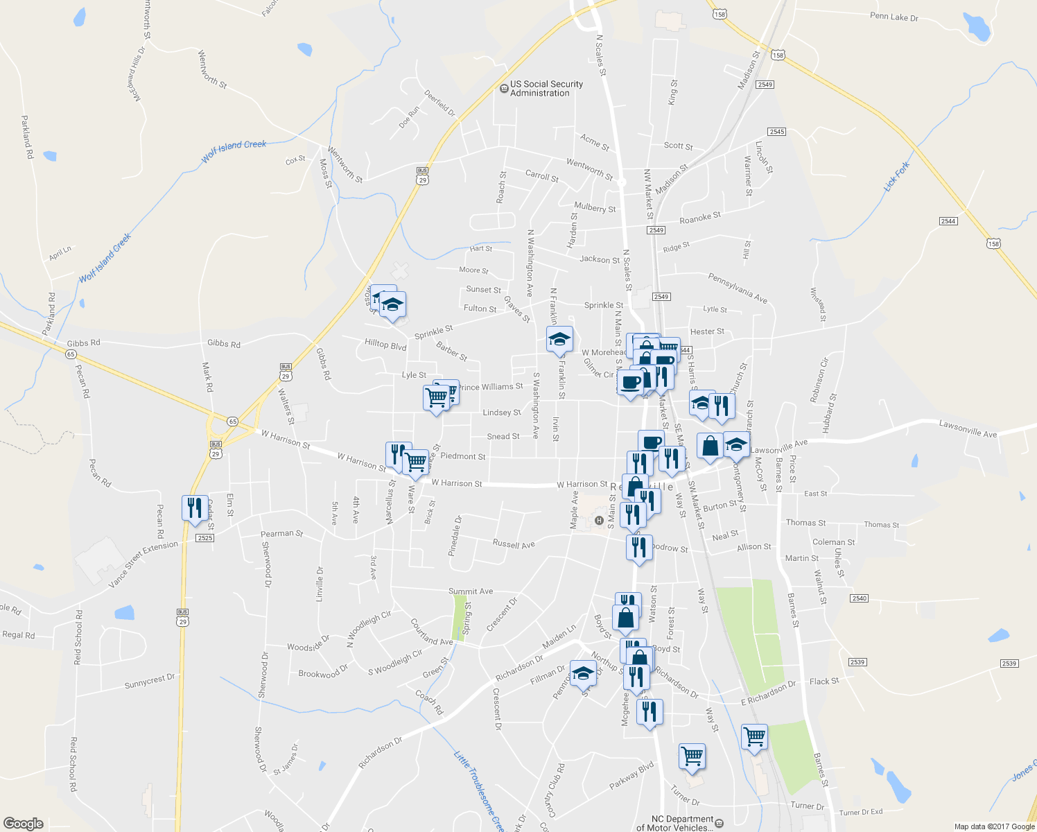 map of restaurants, bars, coffee shops, grocery stores, and more near 623 Lindsey Street in Reidsville