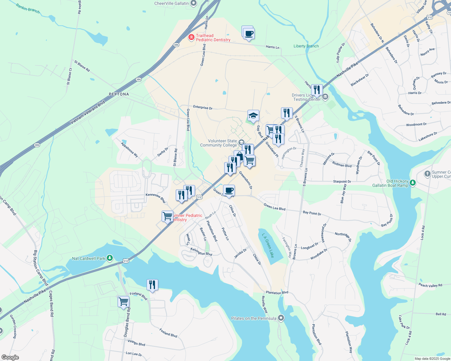 map of restaurants, bars, coffee shops, grocery stores, and more near 1553 Nashville Pike in Gallatin