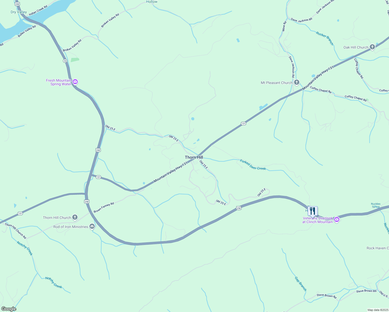 map of restaurants, bars, coffee shops, grocery stores, and more near Old Highway 25 East in Thorn Hill