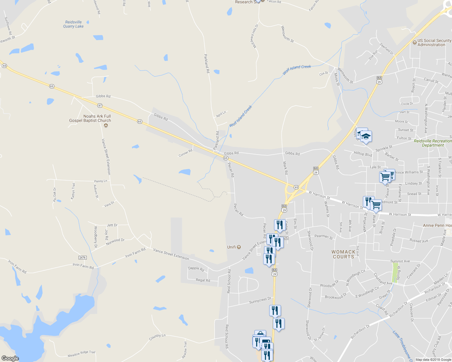 map of restaurants, bars, coffee shops, grocery stores, and more near 1630 Pecan Road in Reidsville
