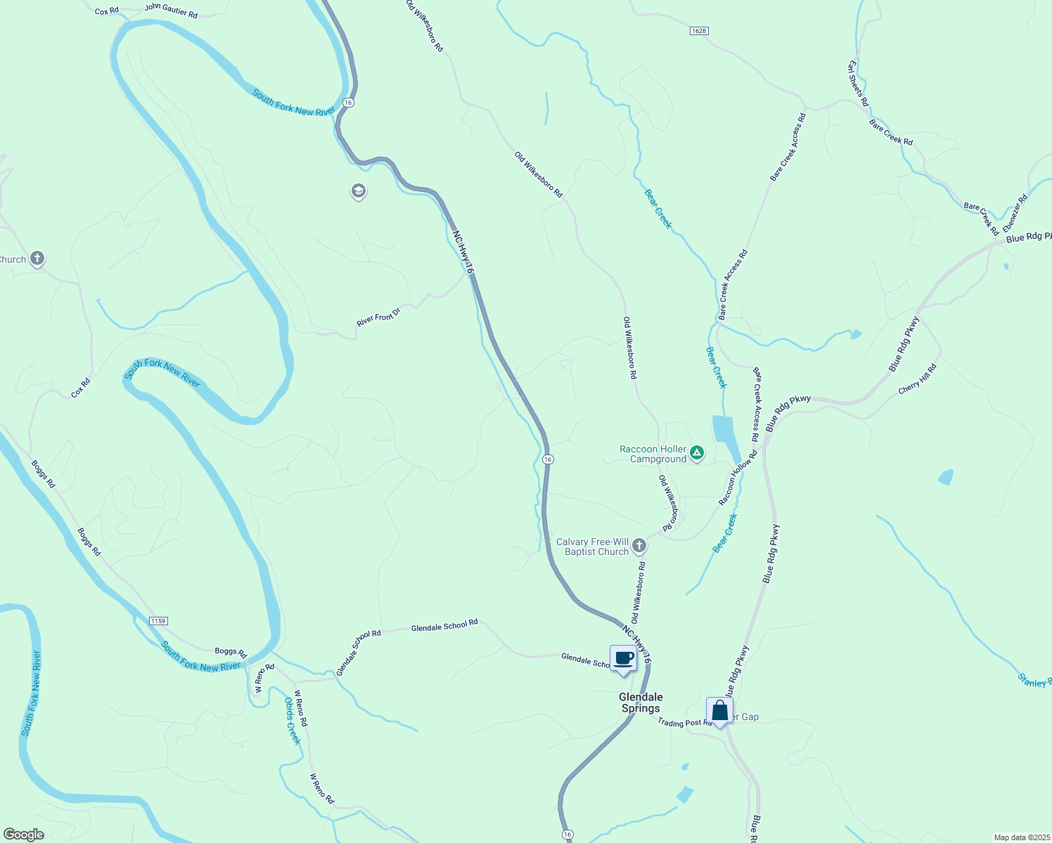 map of restaurants, bars, coffee shops, grocery stores, and more near 6166 North Carolina 16 in Jefferson