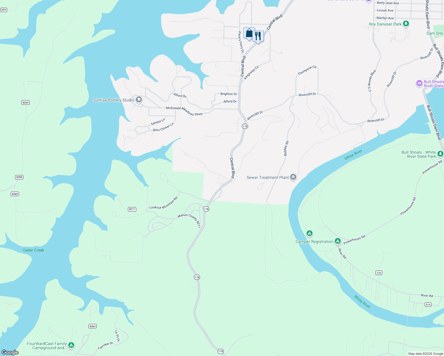 map of restaurants, bars, coffee shops, grocery stores, and more near 104 Gold Finch Lane in Bull Shoals