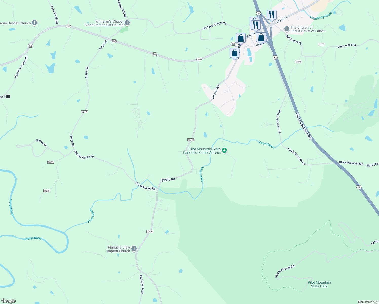 map of restaurants, bars, coffee shops, grocery stores, and more near 769 Shoals Road in Pinnacle