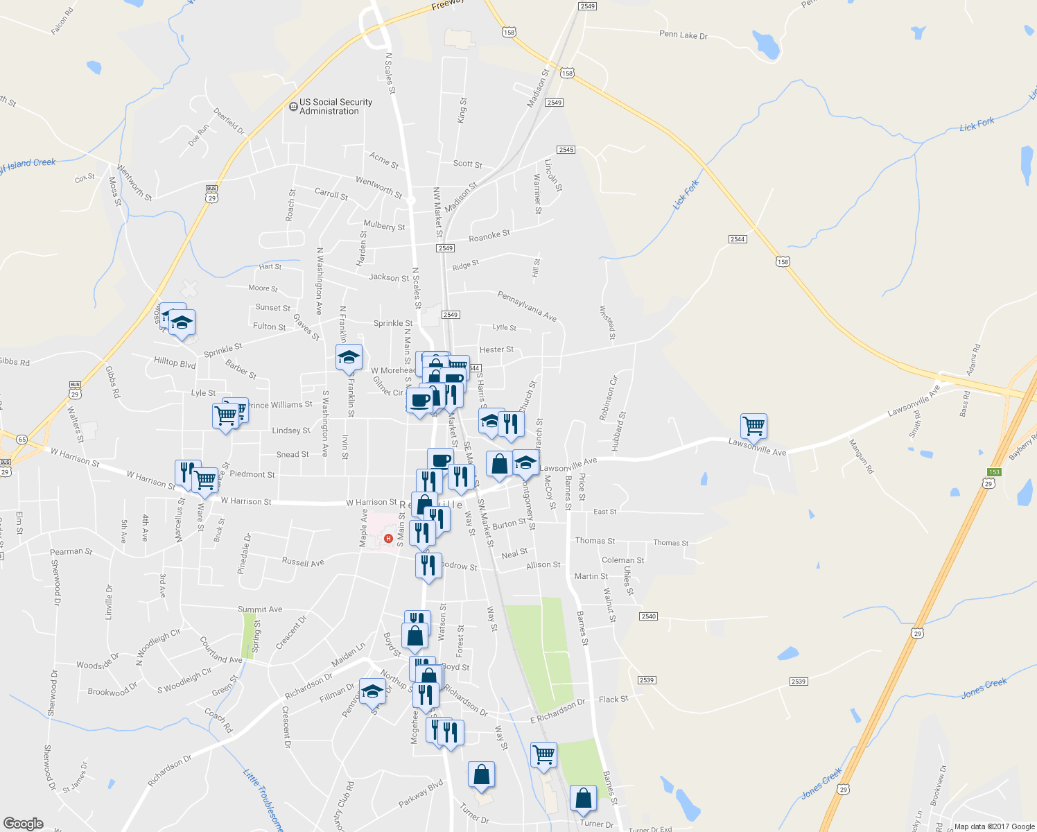 map of restaurants, bars, coffee shops, grocery stores, and more near 336 Church Street in Reidsville