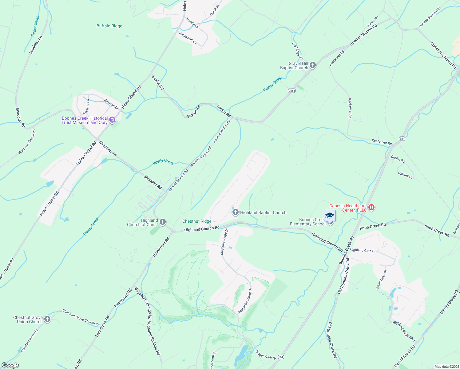 map of restaurants, bars, coffee shops, grocery stores, and more near Parc Ridge Ln in Johnson City