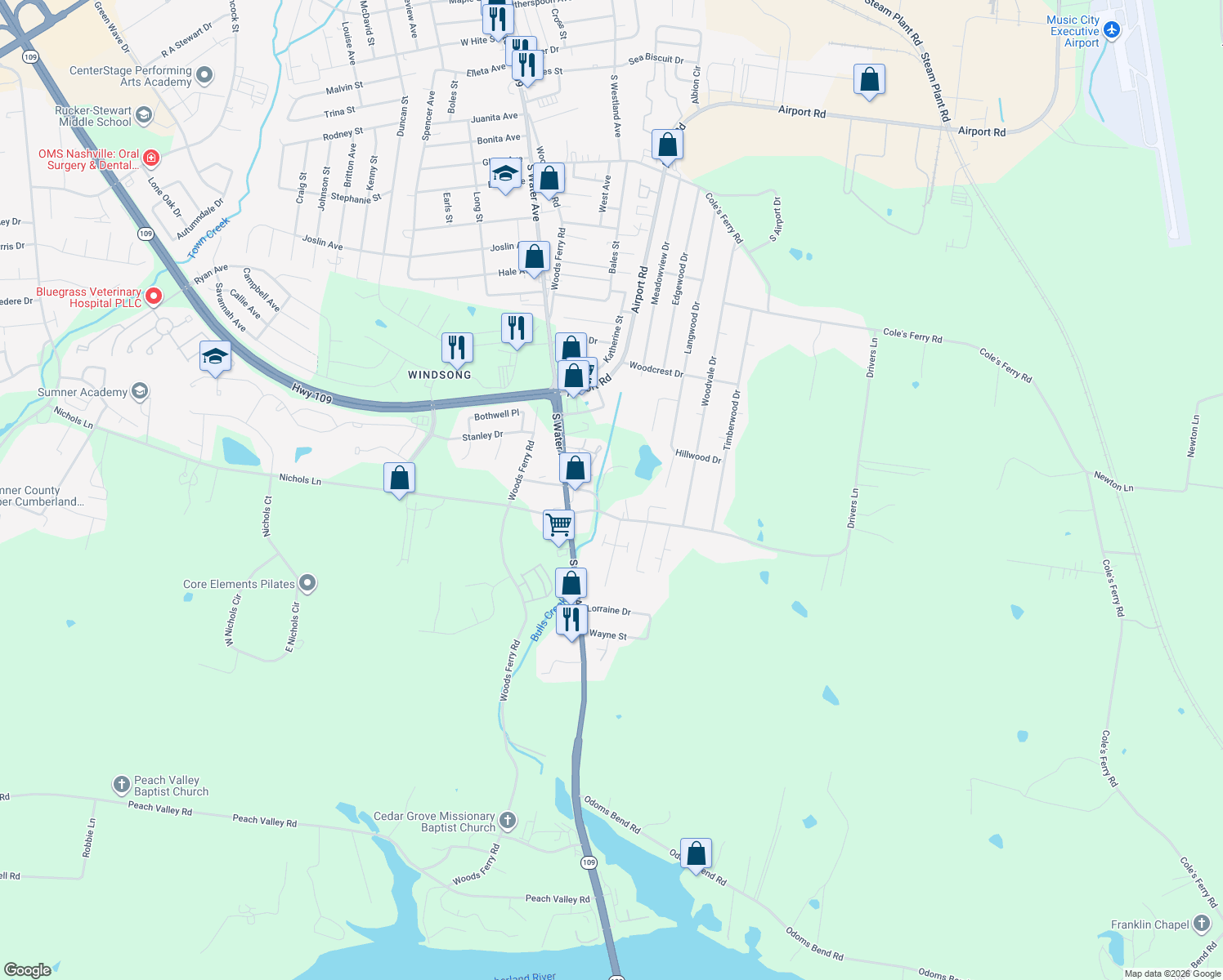 map of restaurants, bars, coffee shops, grocery stores, and more near 116 Drivers Lane in Gallatin