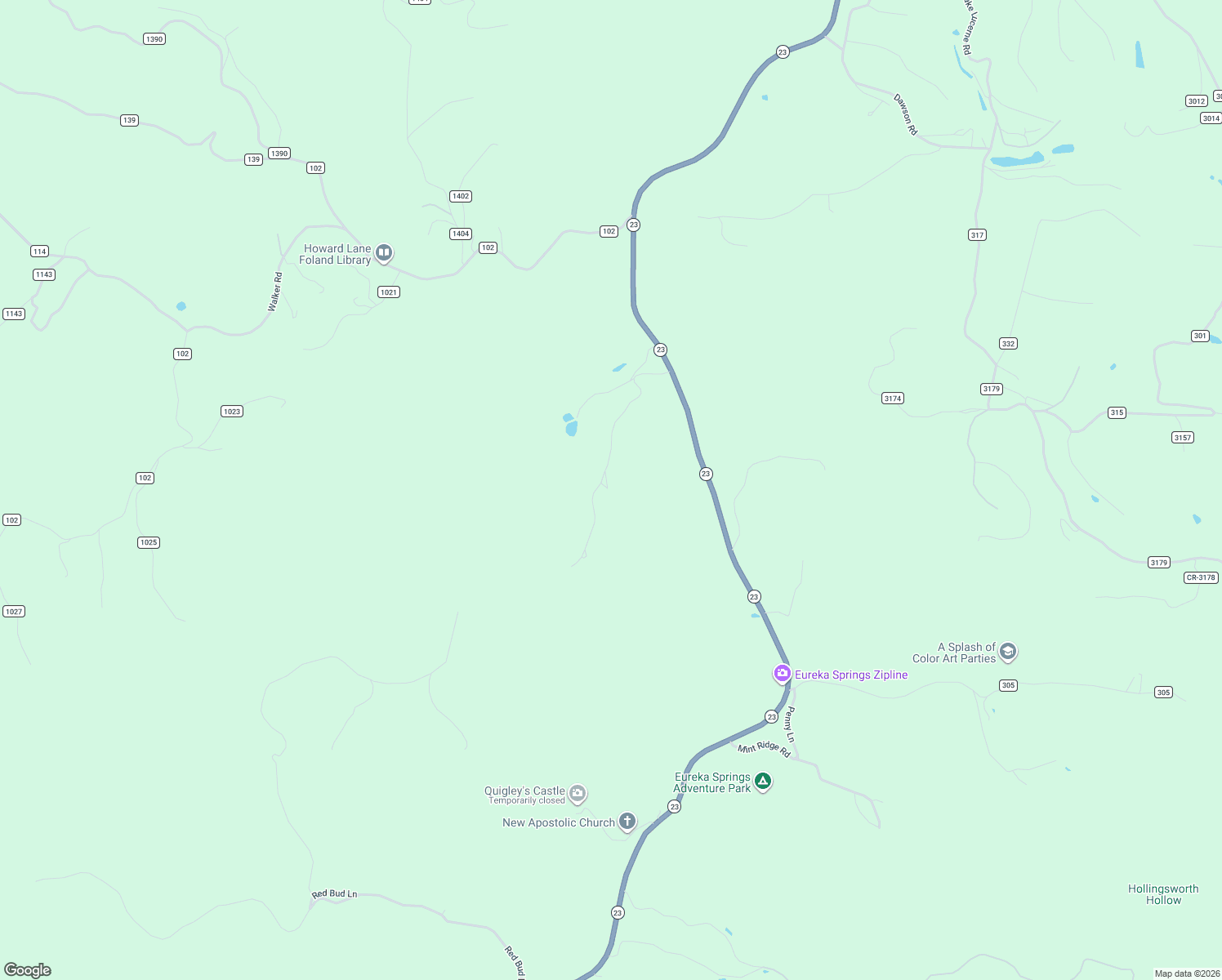 map of restaurants, bars, coffee shops, grocery stores, and more near 457 Cardinal Ridge Road in Eureka Springs