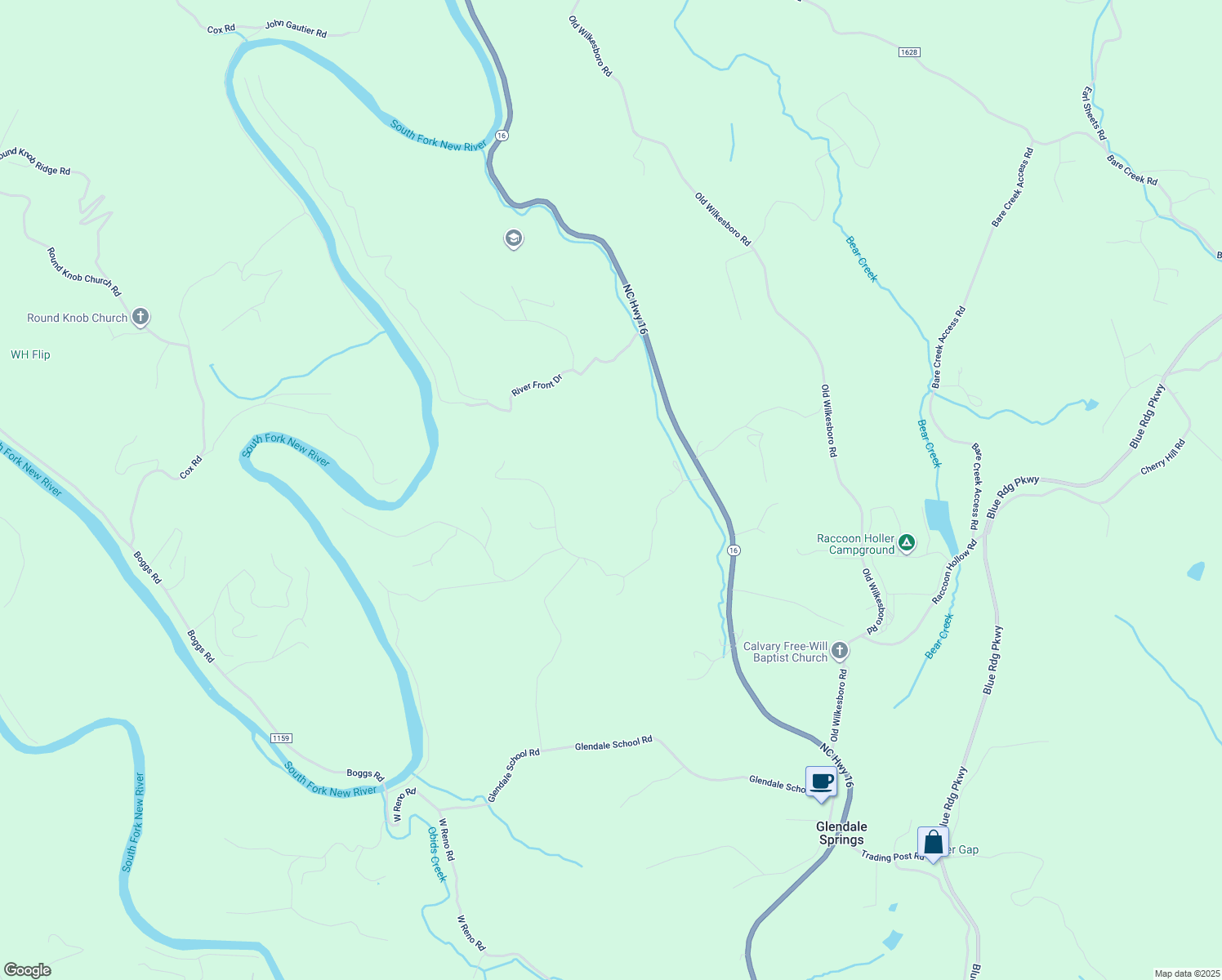map of restaurants, bars, coffee shops, grocery stores, and more near 6168 North Carolina 16 in Jefferson