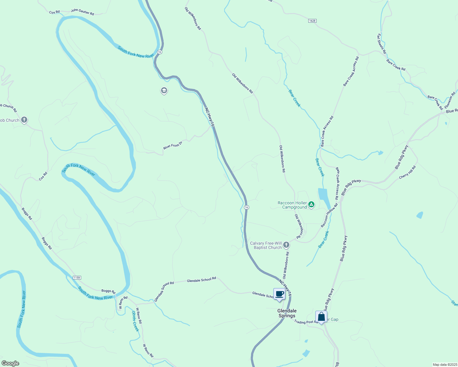 map of restaurants, bars, coffee shops, grocery stores, and more near 6168 North Carolina 16 in Jefferson