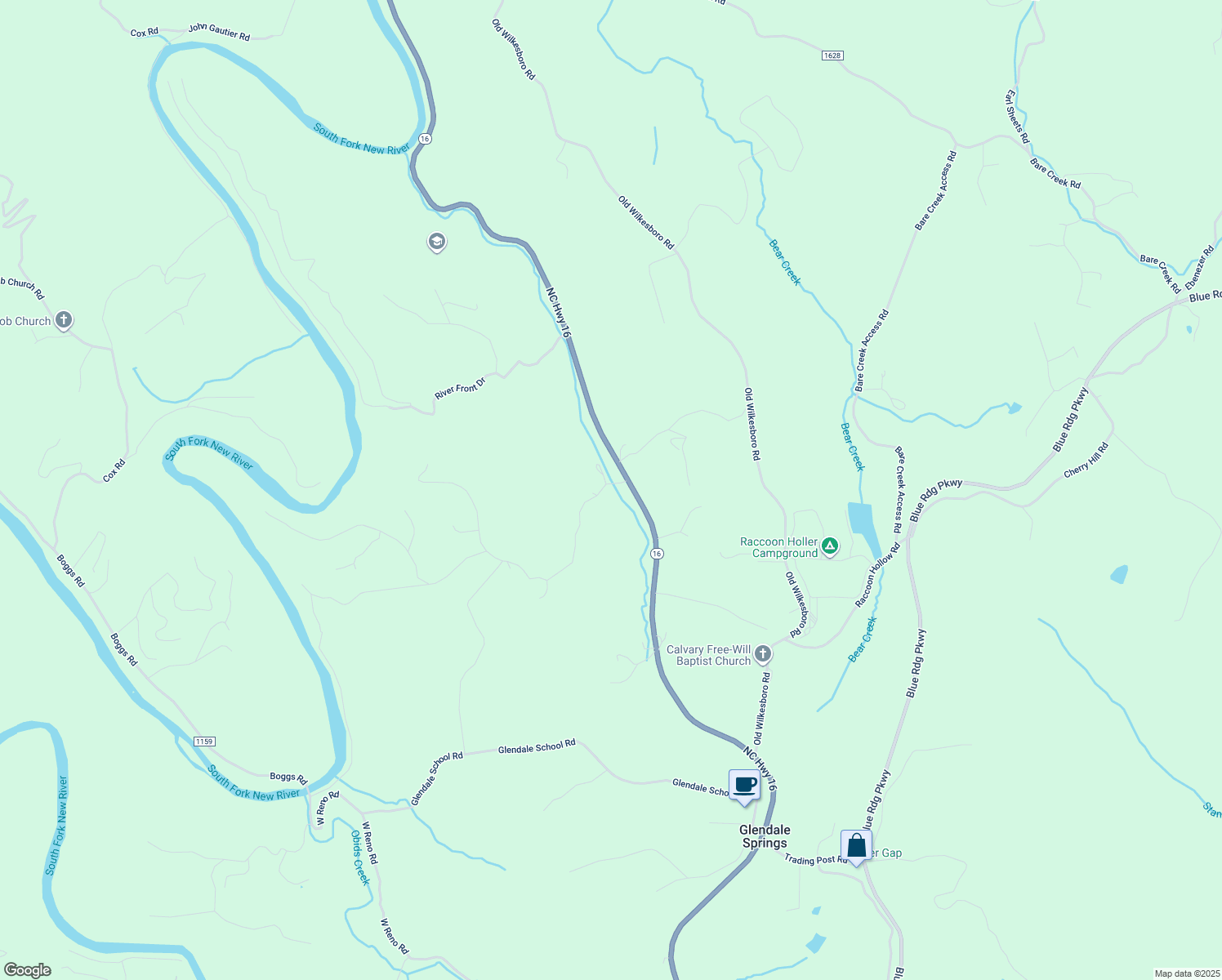 map of restaurants, bars, coffee shops, grocery stores, and more near 6160 North Carolina 16 in Jefferson