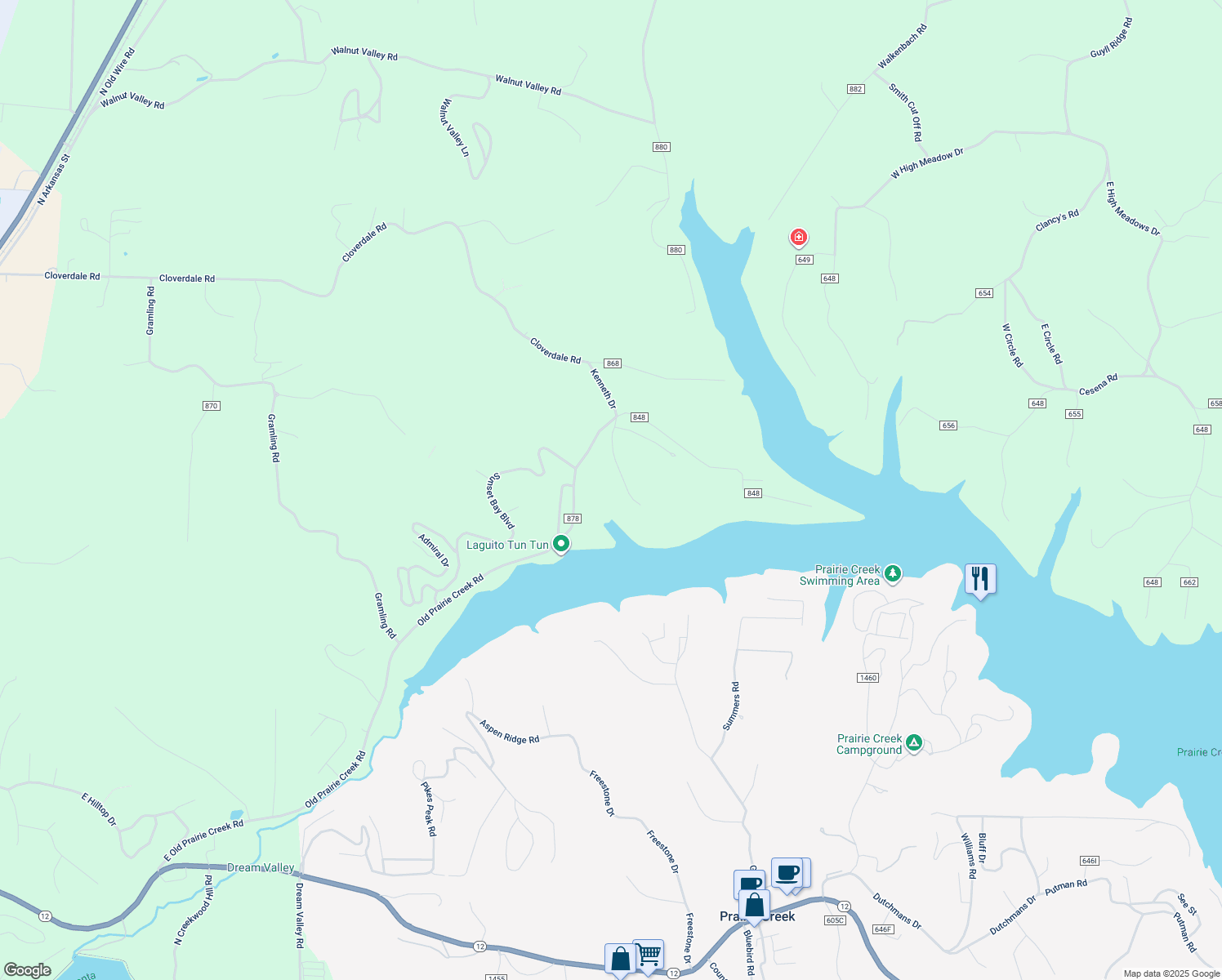 map of restaurants, bars, coffee shops, grocery stores, and more near 9909 South View Drive in Little Flock
