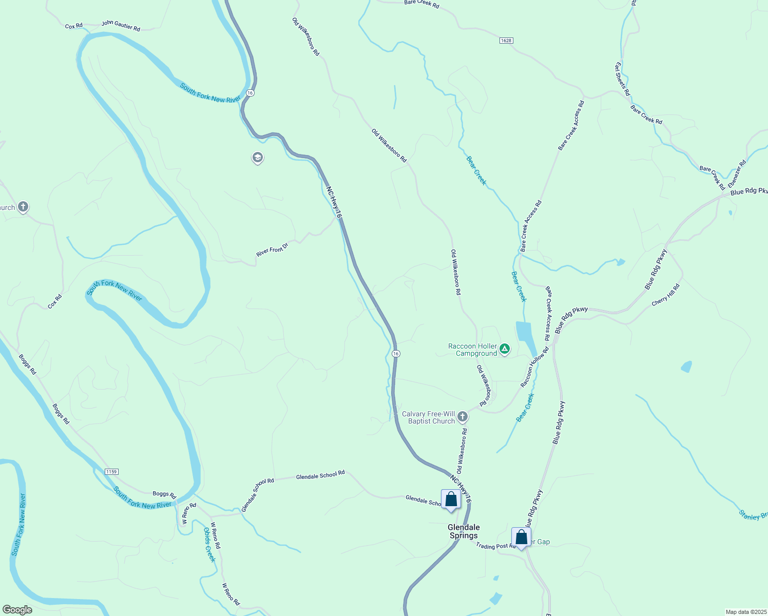 map of restaurants, bars, coffee shops, grocery stores, and more near 6193 North Carolina 16 in Jefferson