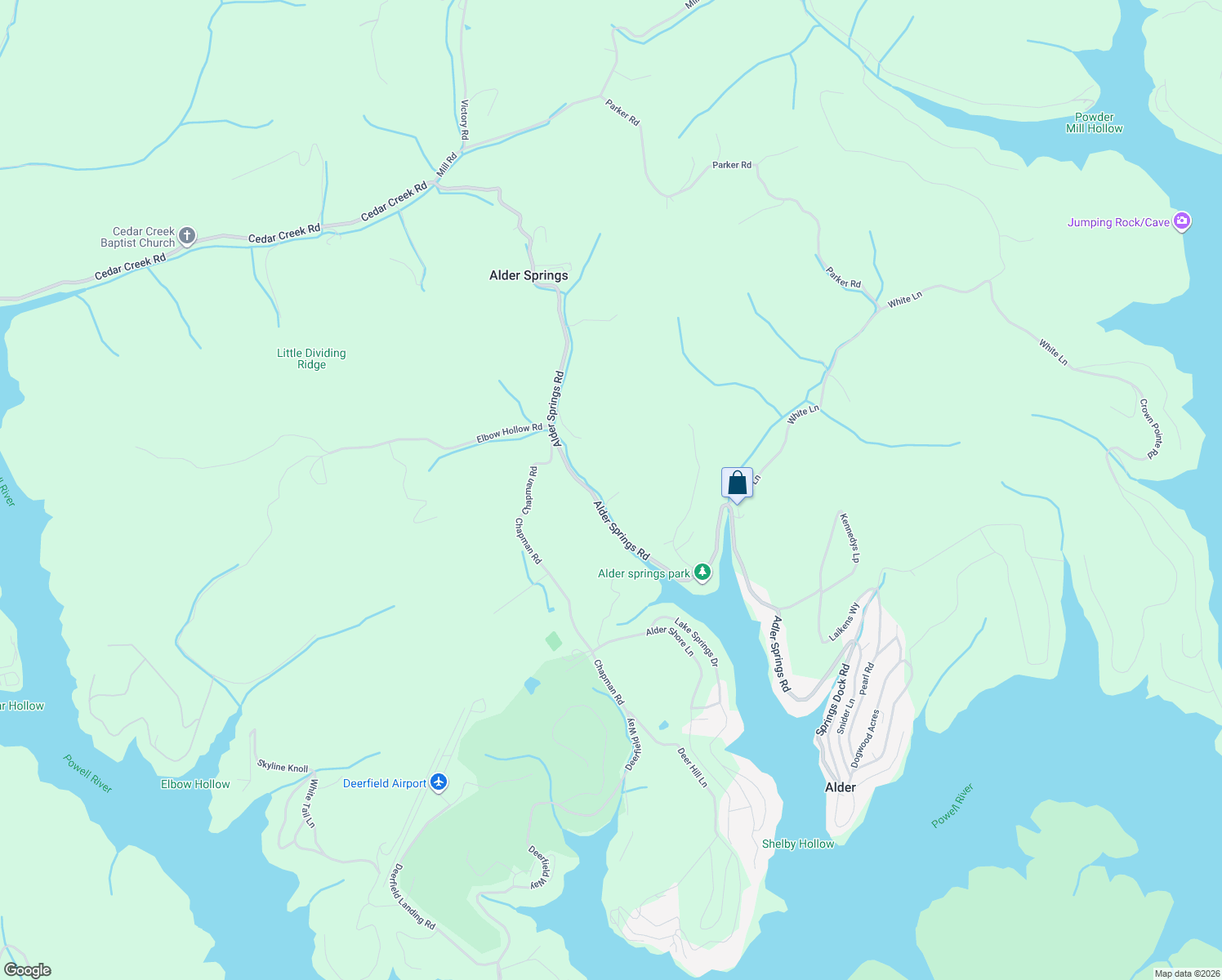 map of restaurants, bars, coffee shops, grocery stores, and more near 735 Alder Springs Road in LaFollette