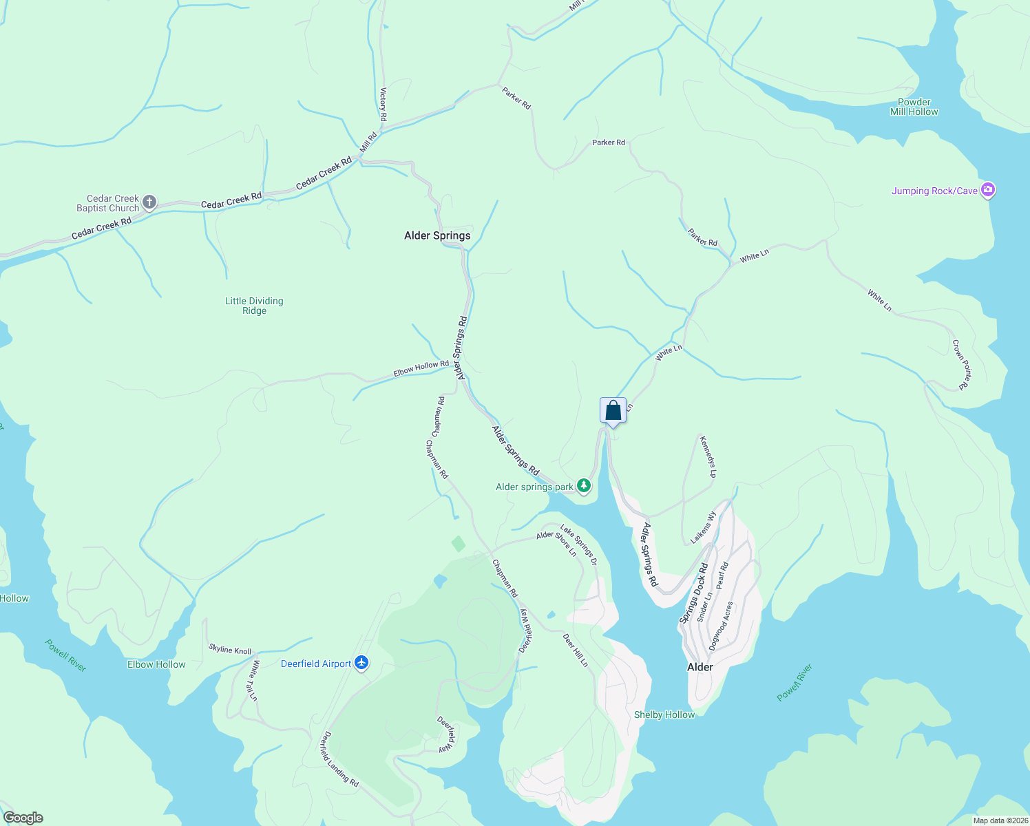 map of restaurants, bars, coffee shops, grocery stores, and more near 735 Alder Springs Road in LaFollette