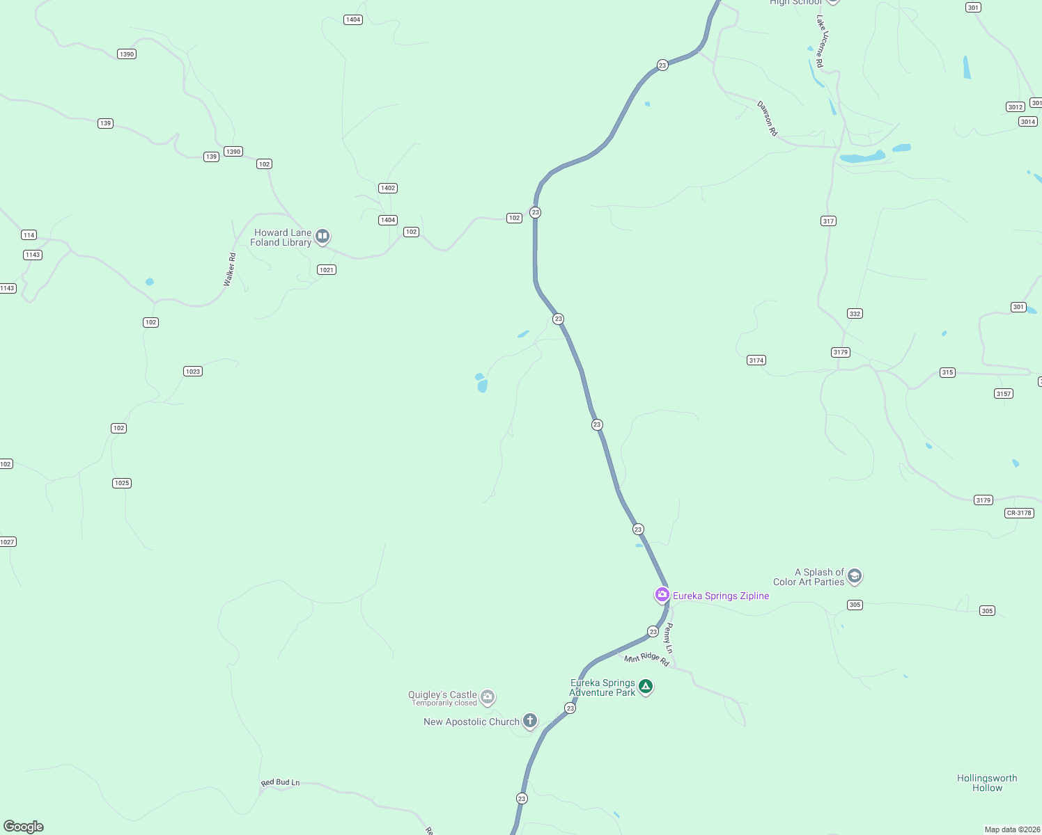 map of restaurants, bars, coffee shops, grocery stores, and more near Highway 23 in Eureka Springs