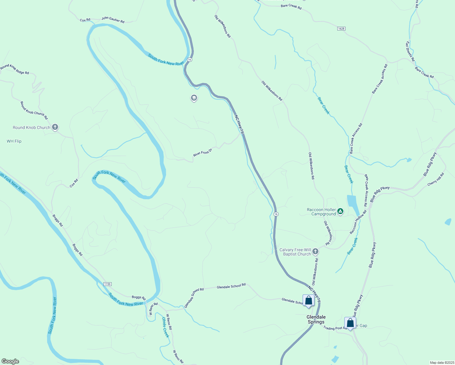 map of restaurants, bars, coffee shops, grocery stores, and more near 5996 North Carolina 16 in Jefferson