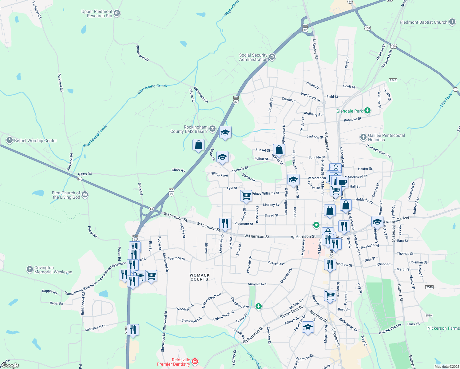 map of restaurants, bars, coffee shops, grocery stores, and more near 103 Moss St in Reidsville