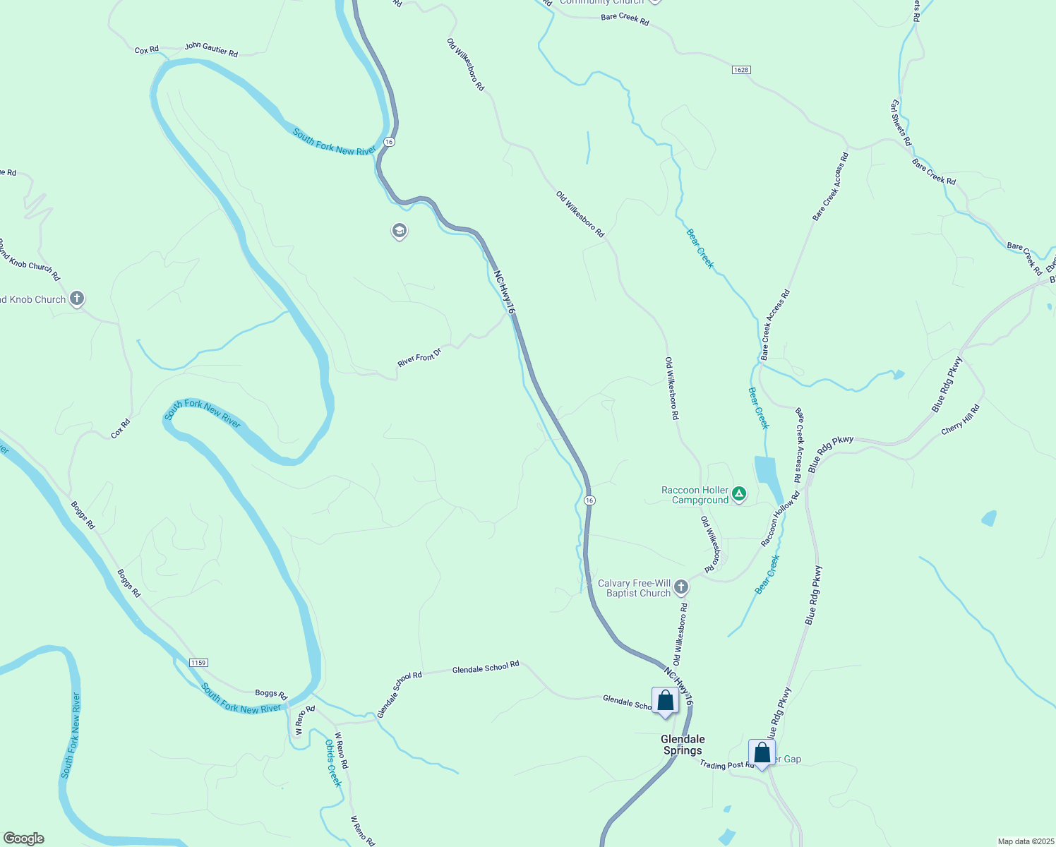 map of restaurants, bars, coffee shops, grocery stores, and more near 6042 North Carolina 16 in Jefferson