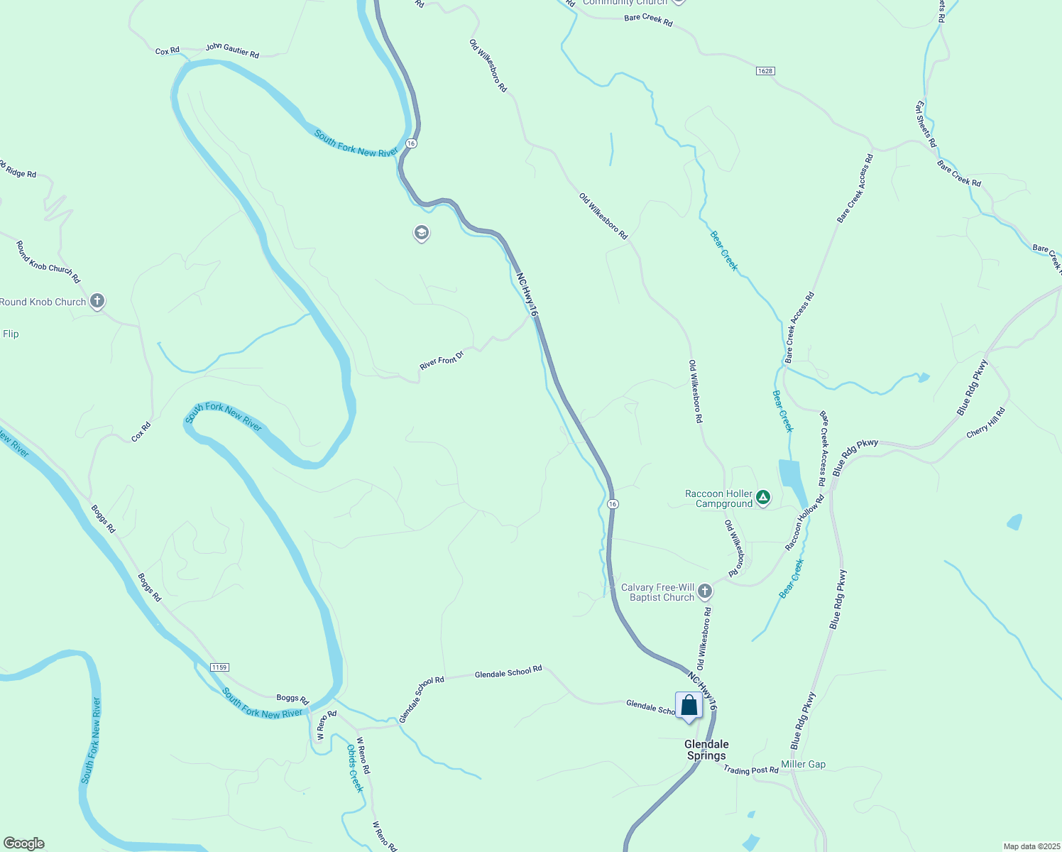 map of restaurants, bars, coffee shops, grocery stores, and more near 5996 North Carolina 16 in Jefferson