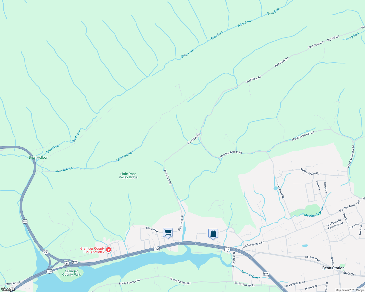 map of restaurants, bars, coffee shops, grocery stores, and more near 1135 Ned Clark Road in Bean Station