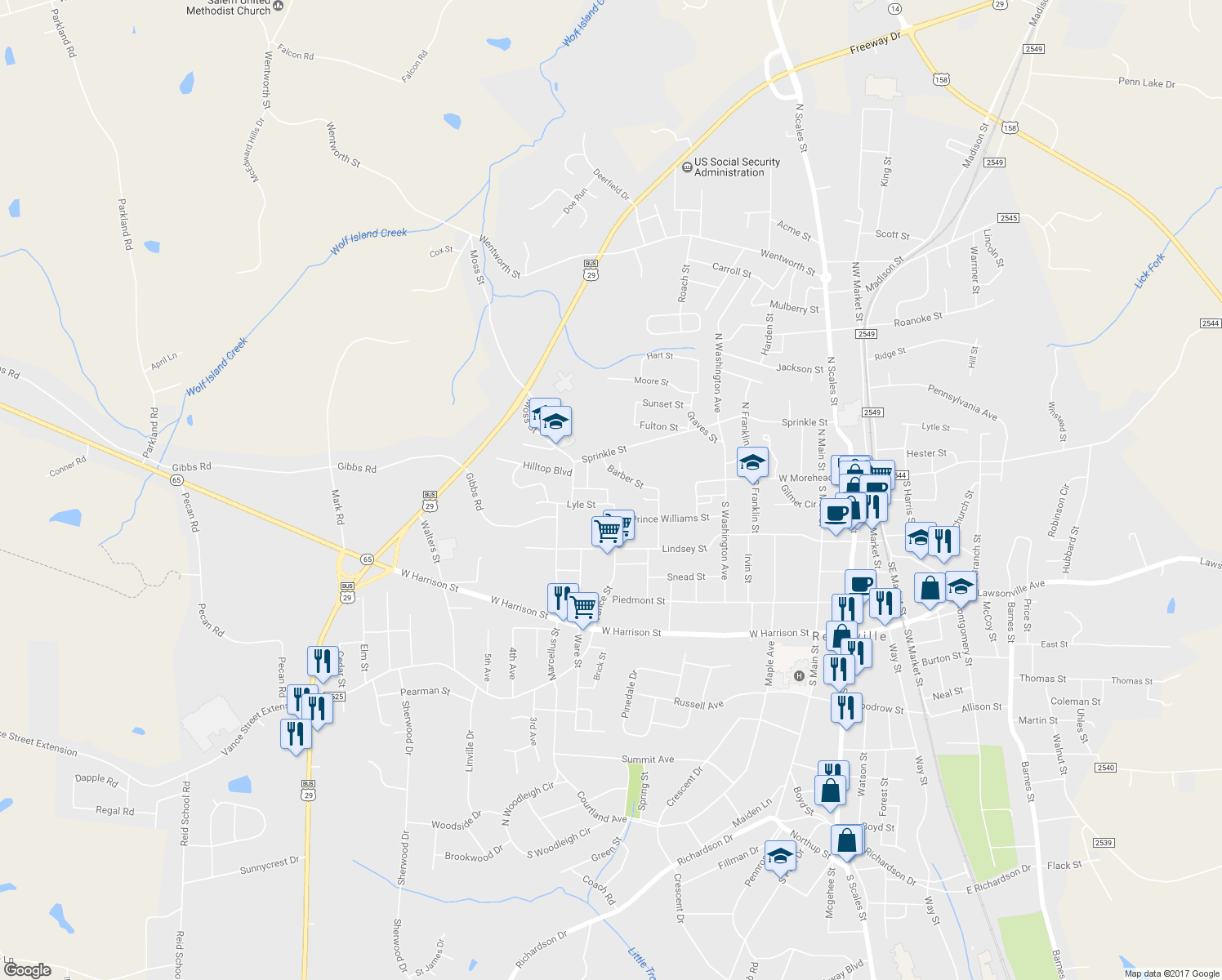 map of restaurants, bars, coffee shops, grocery stores, and more near 704 Burnett Street in Reidsville
