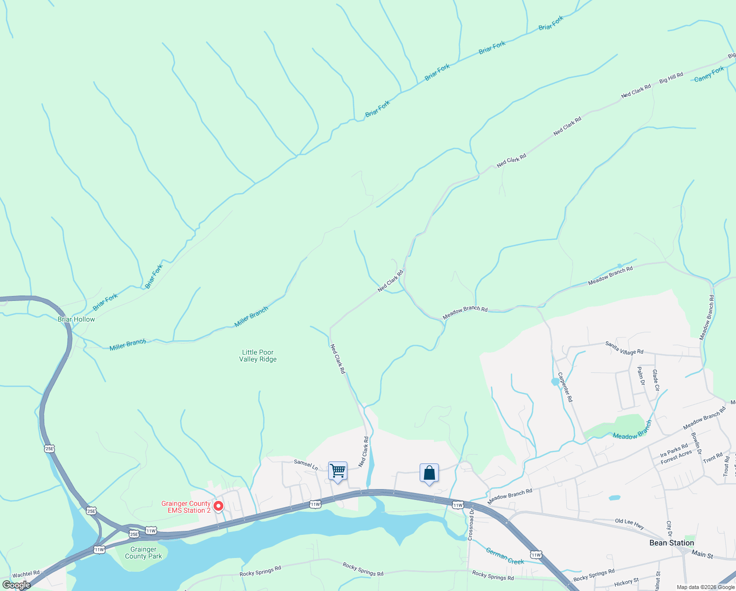map of restaurants, bars, coffee shops, grocery stores, and more near 1135 Ned Clark Road in Bean Station