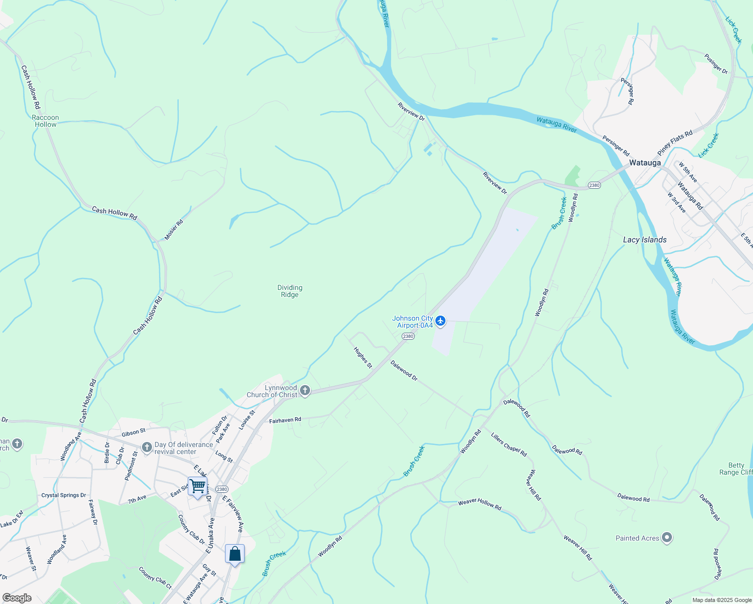 map of restaurants, bars, coffee shops, grocery stores, and more near 2898 Watauga Rd in Johnson City