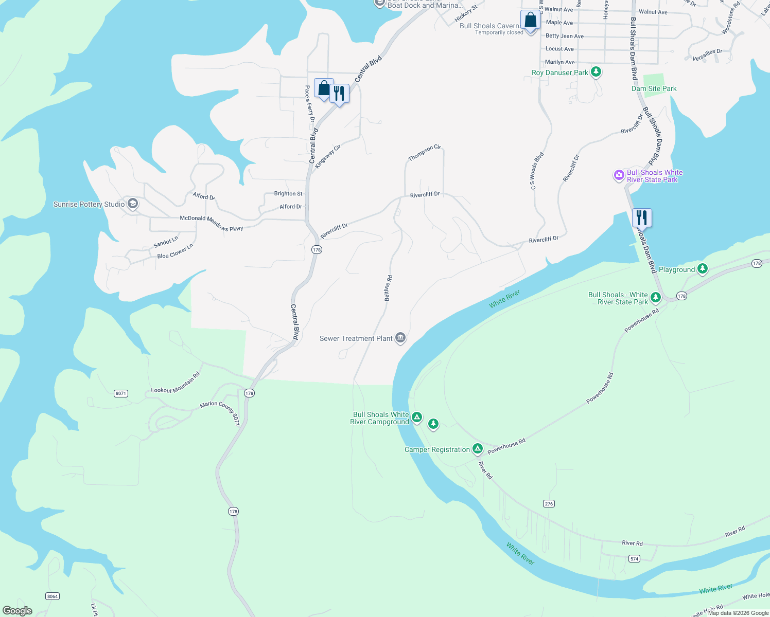 map of restaurants, bars, coffee shops, grocery stores, and more near Beltline Road in Bull Shoals