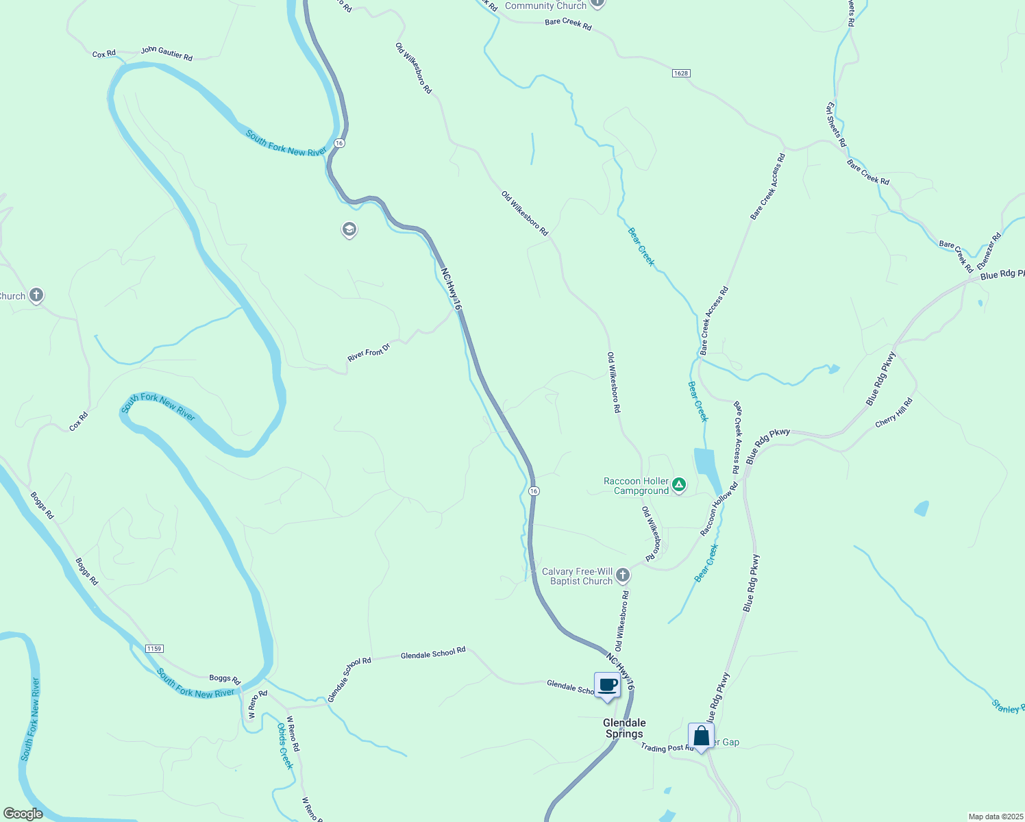 map of restaurants, bars, coffee shops, grocery stores, and more near 6113 North Carolina 16 in Jefferson
