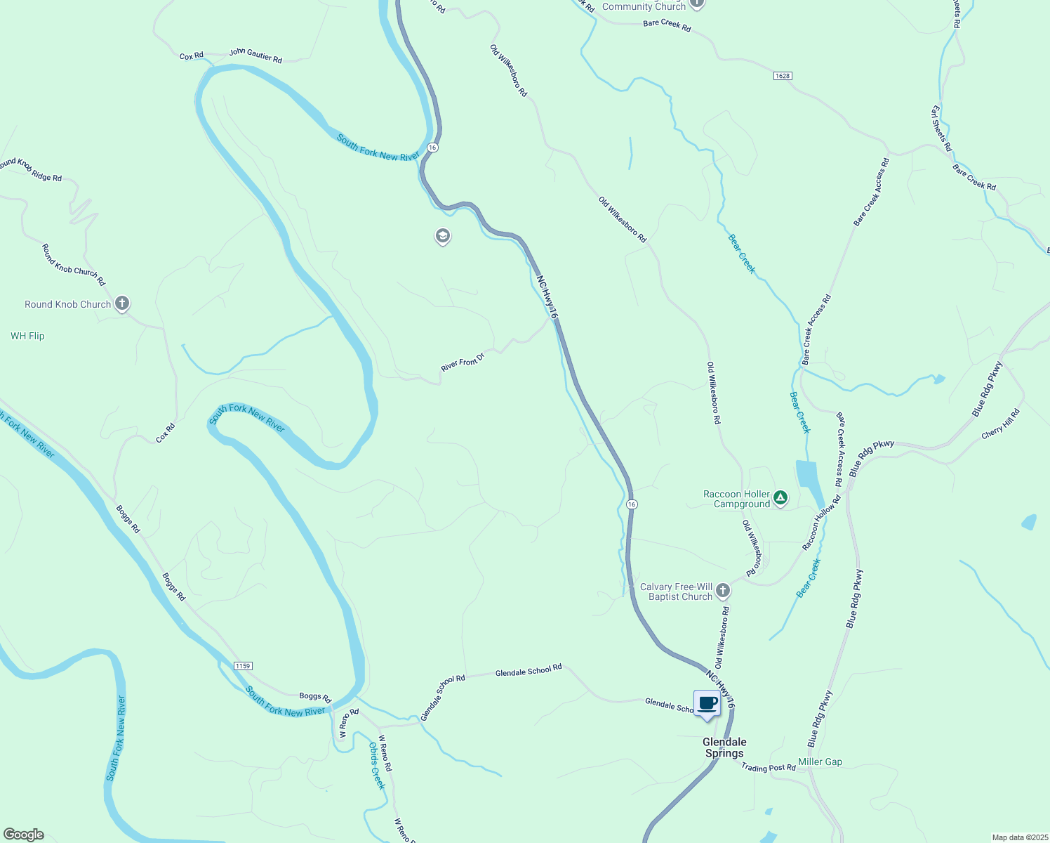 map of restaurants, bars, coffee shops, grocery stores, and more near 6046 North Carolina 16 in Jefferson