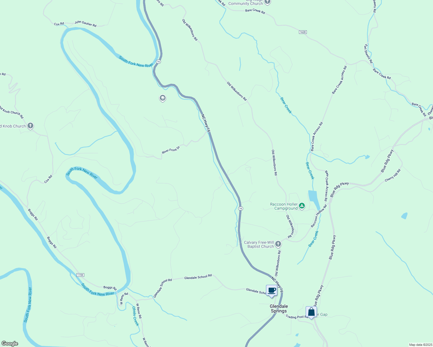 map of restaurants, bars, coffee shops, grocery stores, and more near 6042 North Carolina 16 in Jefferson