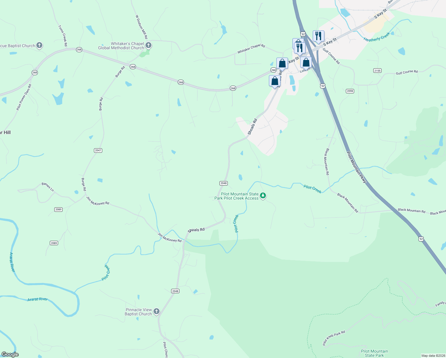 map of restaurants, bars, coffee shops, grocery stores, and more near 642 Shoals Road in Pinnacle
