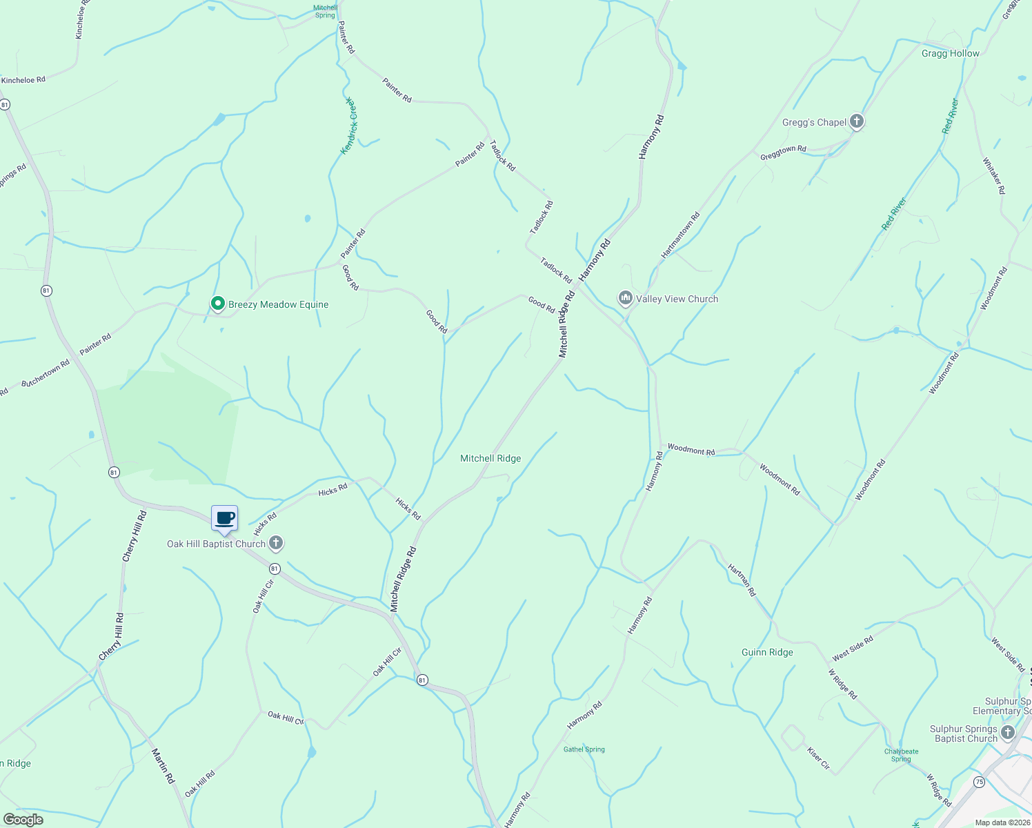 map of restaurants, bars, coffee shops, grocery stores, and more near 108 Mitchell Ridge Road in Jonesborough