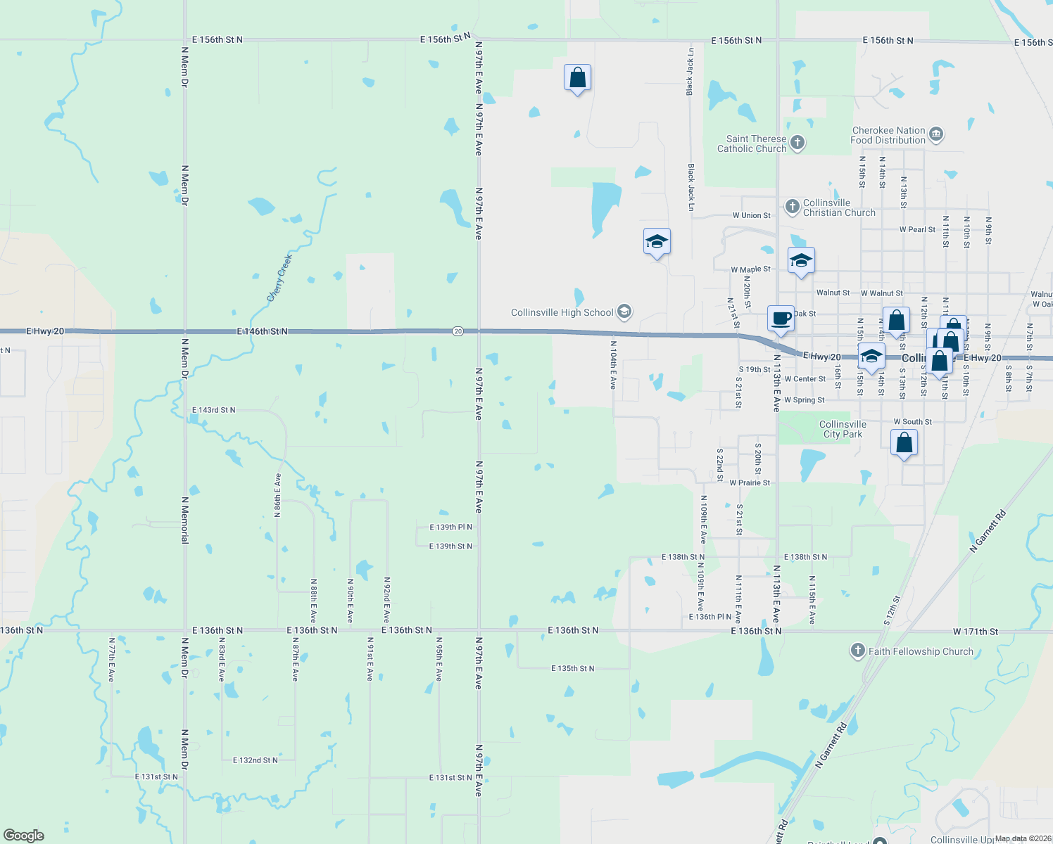 map of restaurants, bars, coffee shops, grocery stores, and more near 14214 North 100th East Avenue in Collinsville