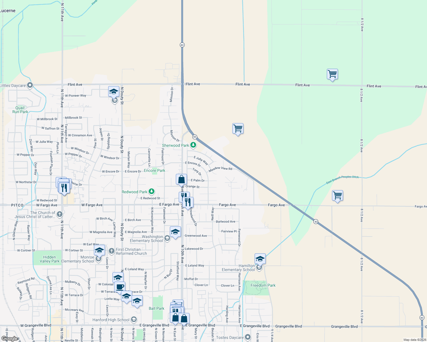 map of restaurants, bars, coffee shops, grocery stores, and more near 901 Meadow View Road in Hanford